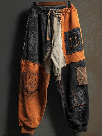 Halloween Stitched Faces Colorblock Patchwork Sweatpants