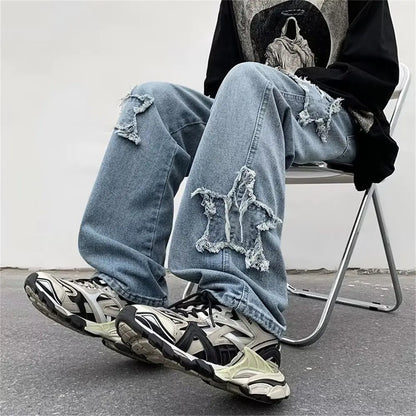 New Fashion Stars Towel Embroidery Brown Baggy Men Jeans Pants