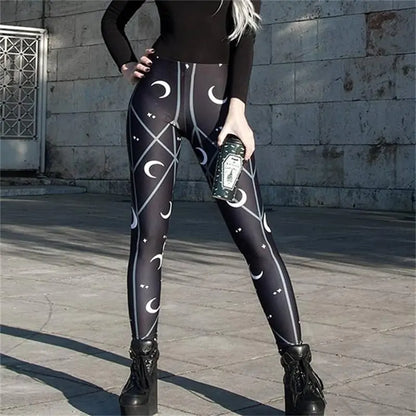 Black Pencil Pants High Waist Skinny Moon Print