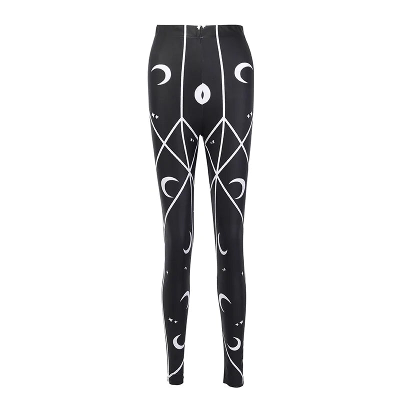 Black Pencil Pants High Waist Skinny Moon Print