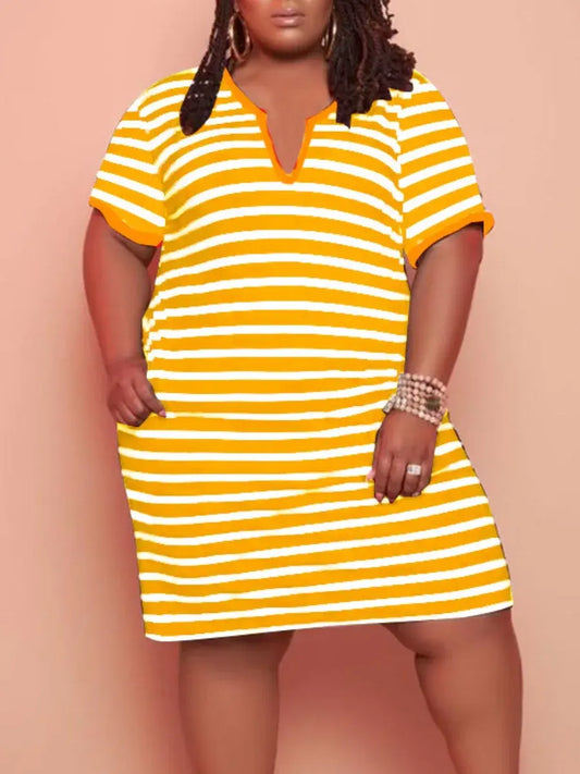 V Neck Striped Pocket Midi Dress