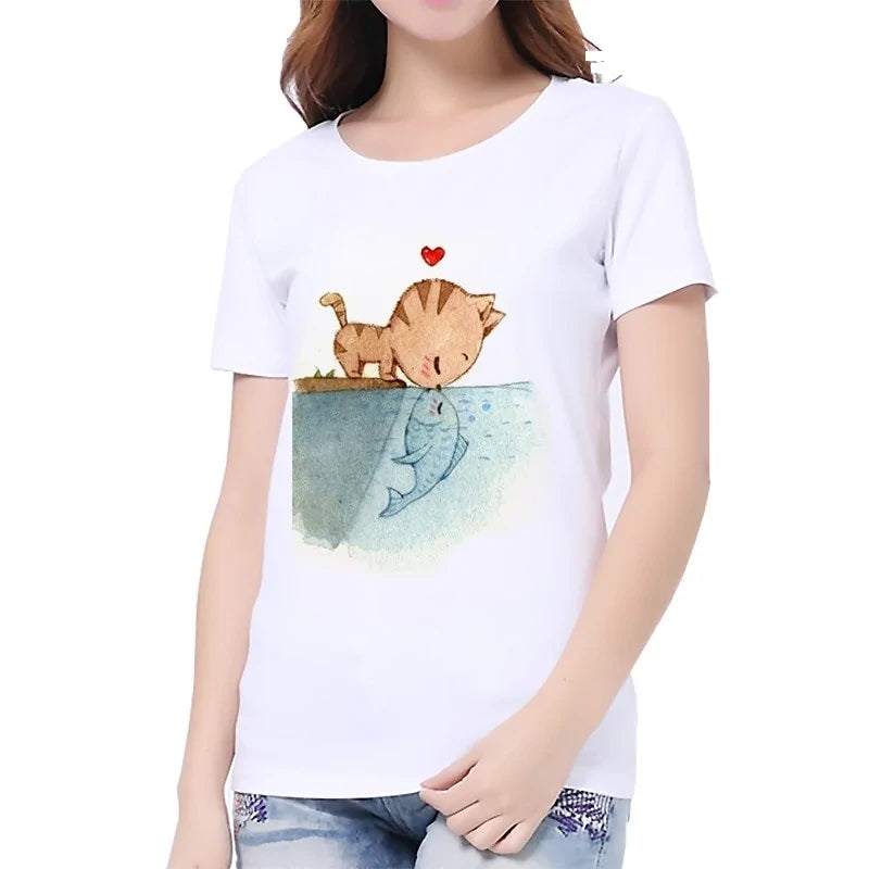 Lovely 3D Cat Print Casual Harajuku Women Summer T-shirt