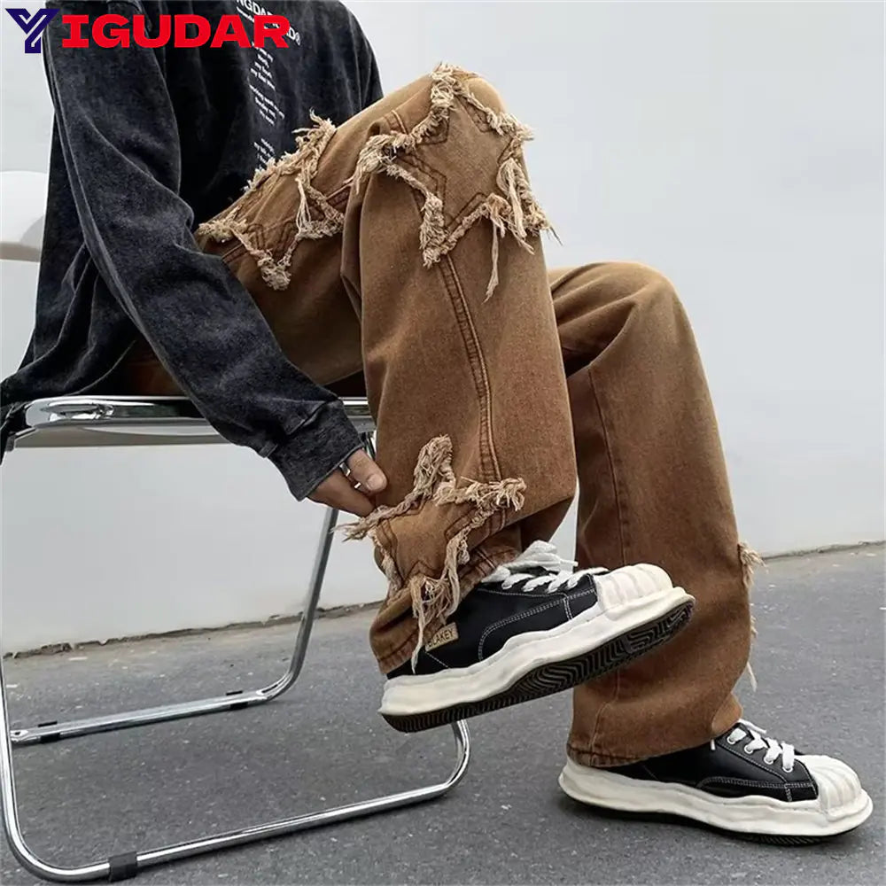 New Fashion Stars Towel Embroidery Brown Baggy Men Jeans Pants