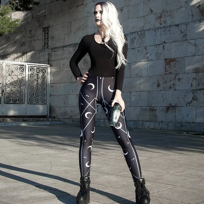 Black Pencil Pants High Waist Skinny Moon Print