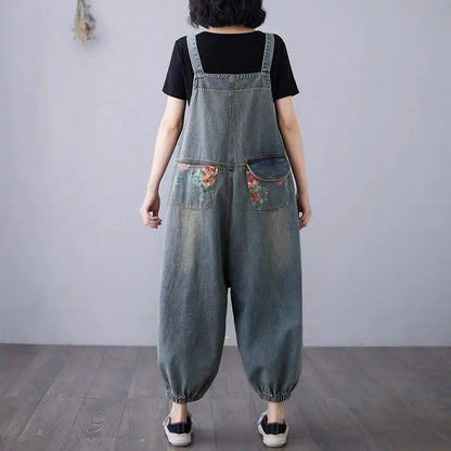 Retro Printed Denim Loose-Fitting Overall