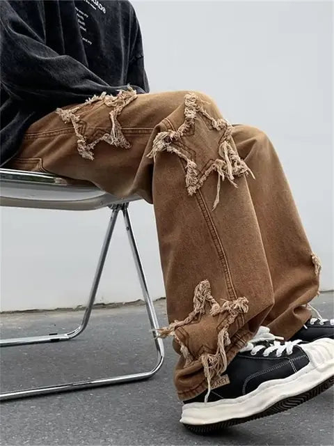 New Fashion Stars Towel Embroidery Brown Baggy Men Jeans Pants