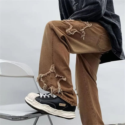 New Fashion Stars Towel Embroidery Brown Baggy Men Jeans Pants