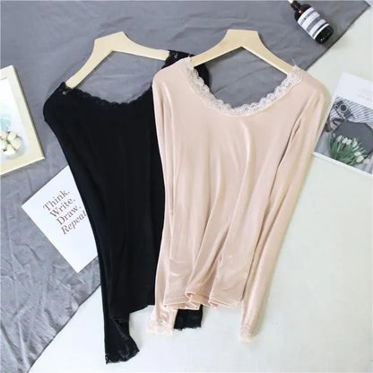 Women Lace V-neck Long-sleeved Thermal  Slim Warm Top