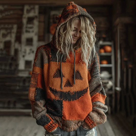 Halloween Pumpkin Face Patchwork Stitched Cozy Knit Hooded