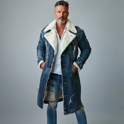 Men's Fashion Lapel Collar Single Breasted Pocket Fleece-Lined Ripped Denim Overcoat