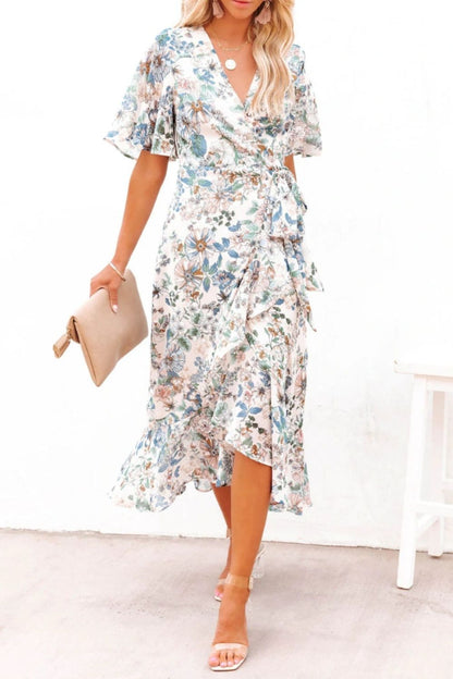 High-Low Printed Surplice Flutter Sleeve Midi Dress