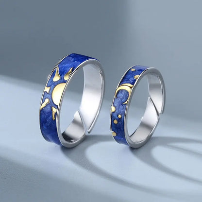 JWER Blue Drop Glaze Sun Moon Couple Rings