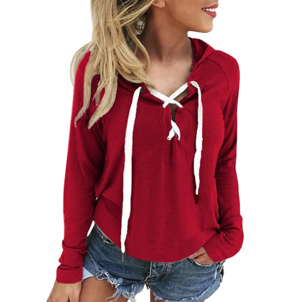 Women's Plus Size Deep V Neck Hooded Sweatshirt with Cross Lace Up Design