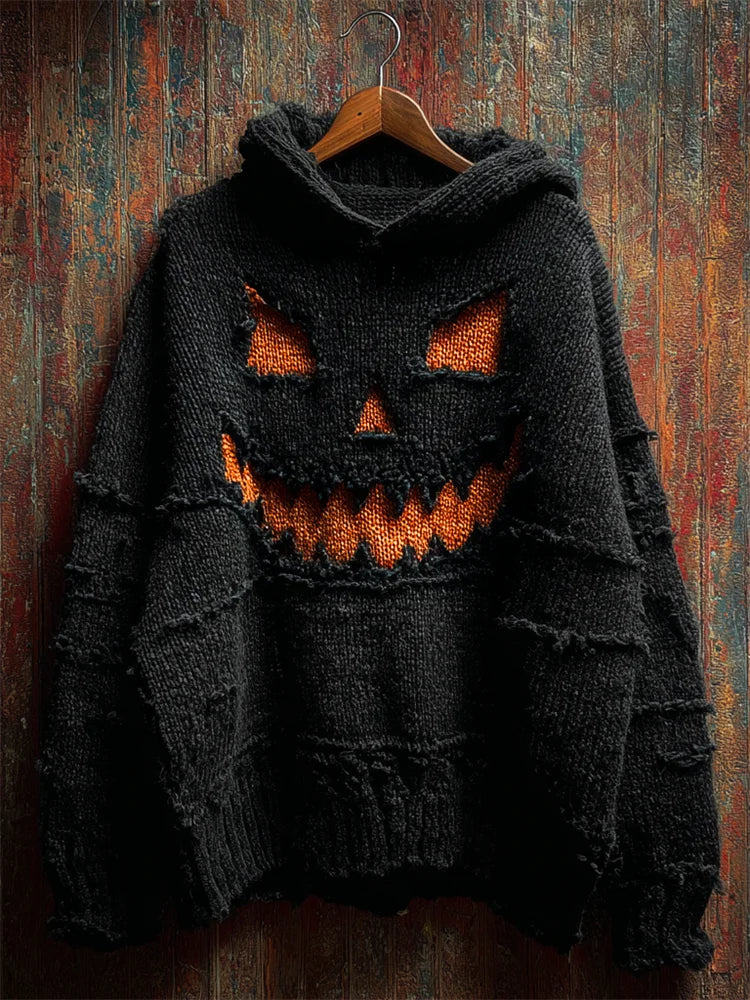 Halloween Spooky Pumpkin Frayed Cozy Knit Hooded Sweater