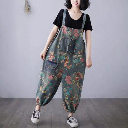 Retro Printed Denim Loose-Fitting Overall