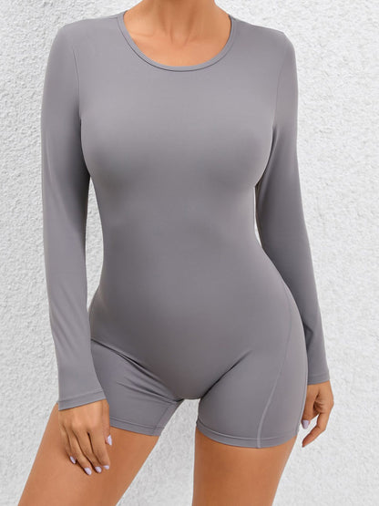 Cutout Round Neck Long Sleeve Active Romper