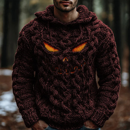 Halloween Evil Pumpkin Emoji Men's Chunky Knit Hooded Sweater