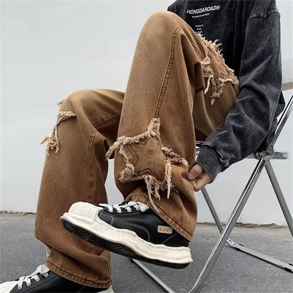 New Fashion Stars Towel Embroidery Brown Baggy Men Jeans Pants