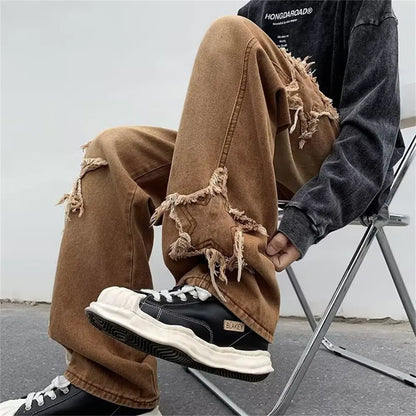 New Fashion Stars Towel Embroidery Brown Baggy Men Jeans Pants