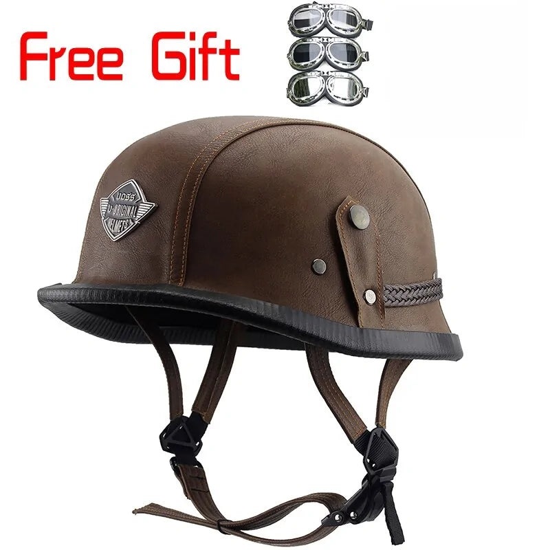 Retro Leather Half Cruise German Helmet For Motorcycle