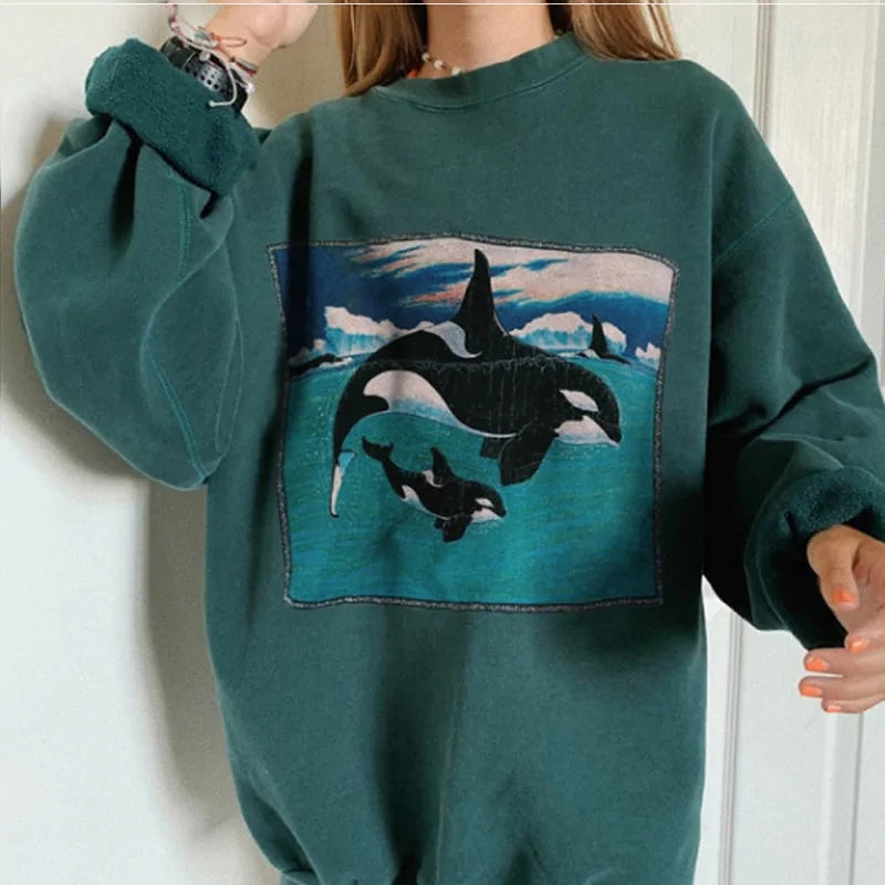 HipHop Ocean Whale Printed Hoodies