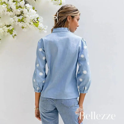 Spring and Autumn 2024 New Denim Blue Lace Shirt