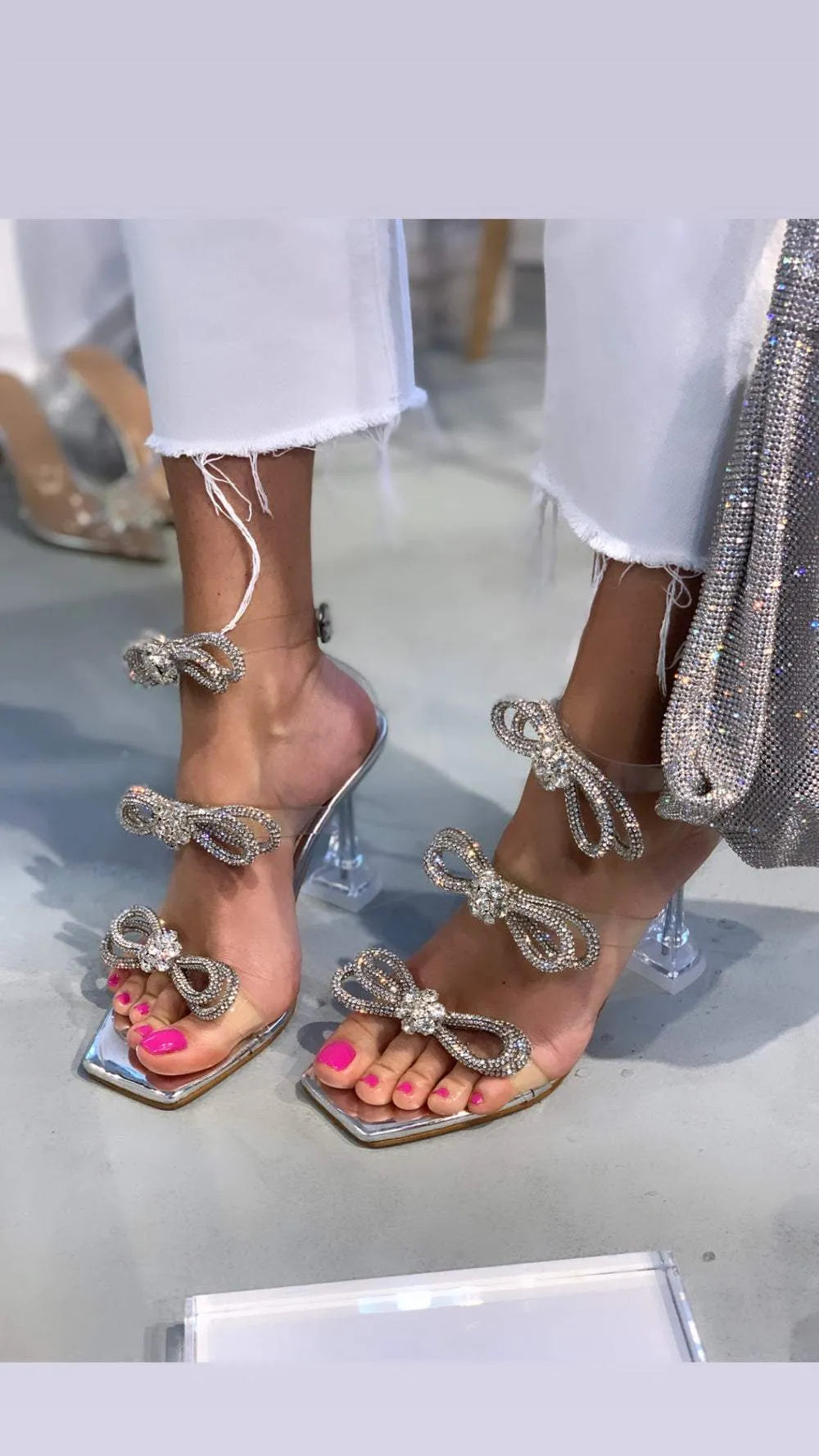 Silver Bow Lace-Up Prom Pumps