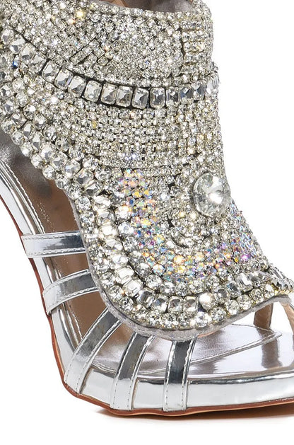 Diamond-studded cutout high-heeled sandals