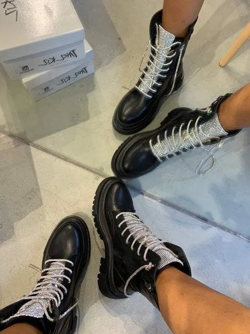 Sequined tongue sequined lace-up leather premium mid-calf boots