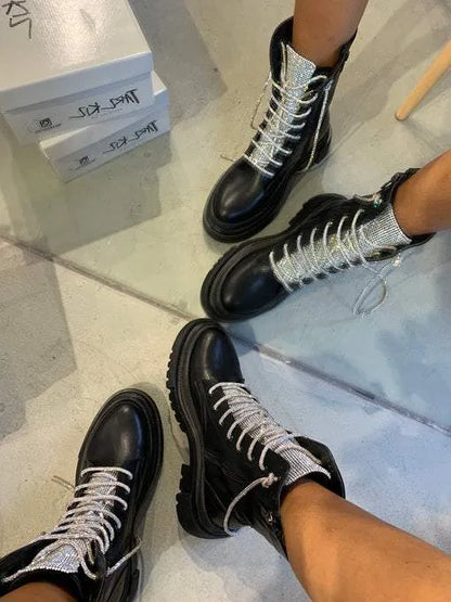 Sequined tongue sequined lace-up leather premium mid-calf boots