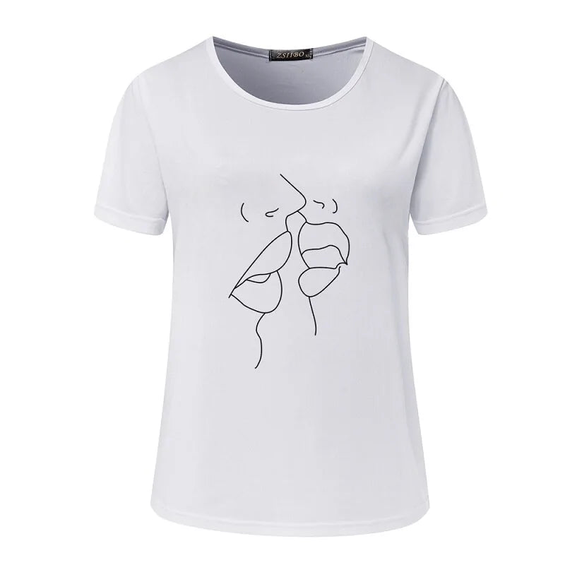 Women's White O Neck Graphic Cute Kiss Pattern Shirt