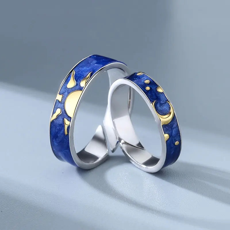 JWER Blue Drop Glaze Sun Moon Couple Rings