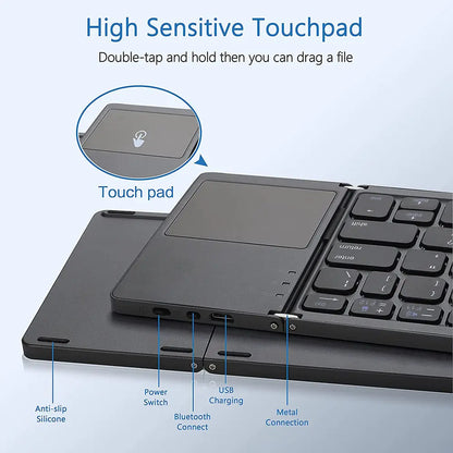 New Portable Mini Three Folding Bluetooth Keyboard with Wireless Foldable Touchpad Keypad