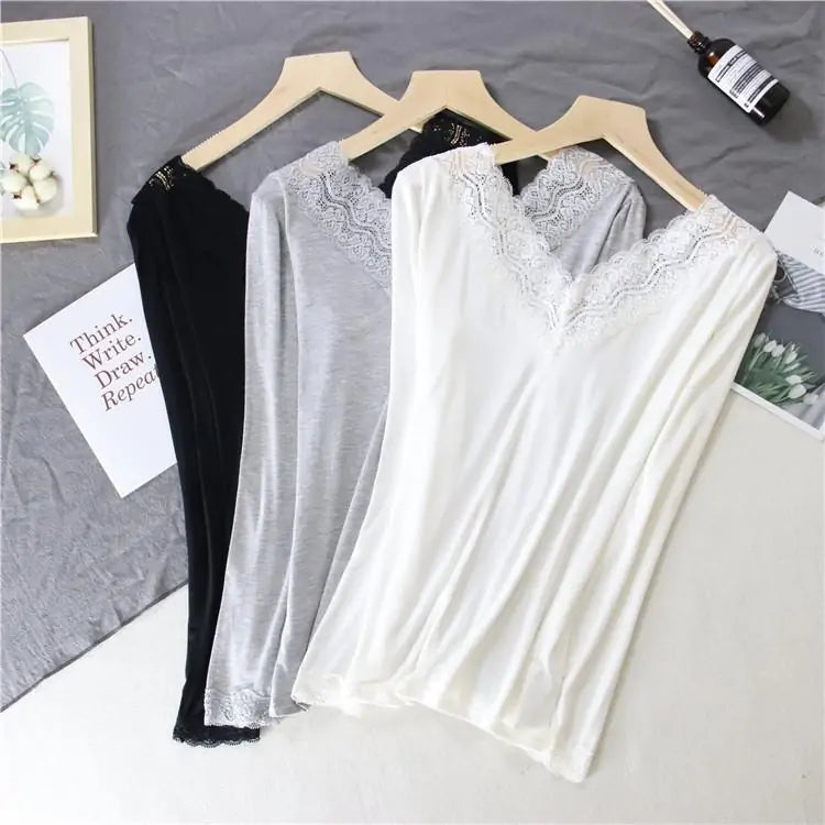 Women Lace V-neck Long-sleeved Thermal  Slim Warm Top