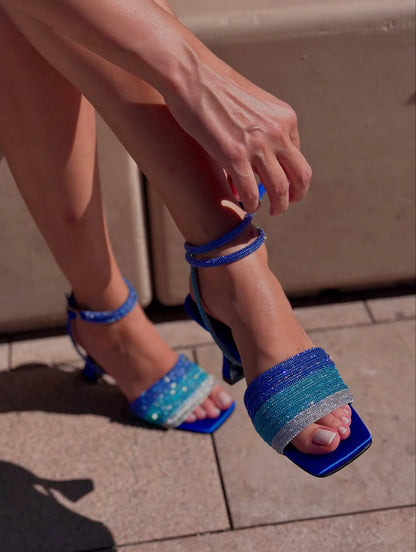 Lace-up low-heel gradient sequined sandals