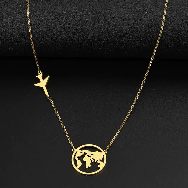 Stainless Steel Necklaces Airplane Globe Map Traveler Pendants Fashion