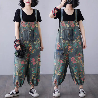 Retro Printed Denim Loose-Fitting Overall