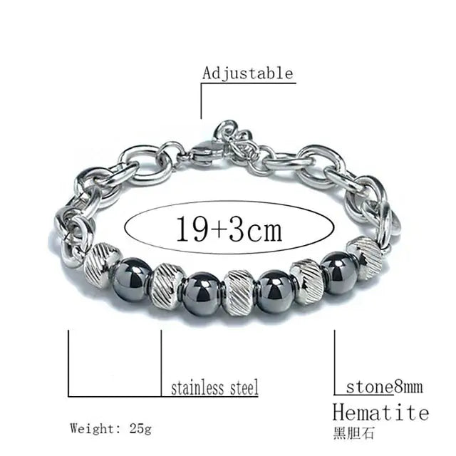 New Men's Adjustable Natural Stone Bead Stainless Steel Bracelet