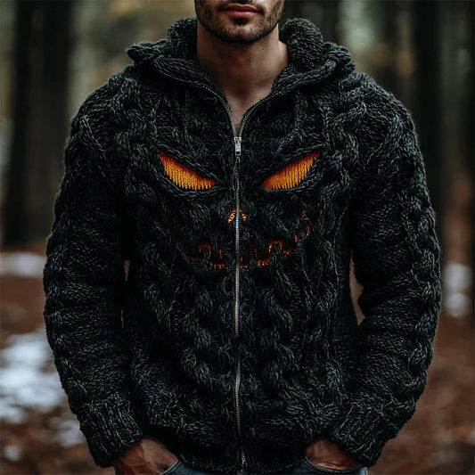 Halloween Evil Pumpkin Face Men's Chunky Knit Full Zip Hooded Sweater