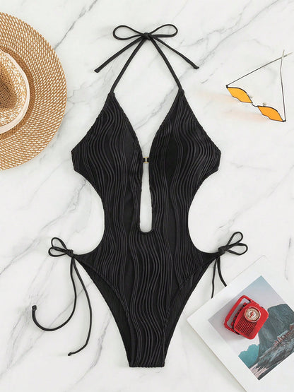 Textured Cutout Tied One-Piece Swimwear