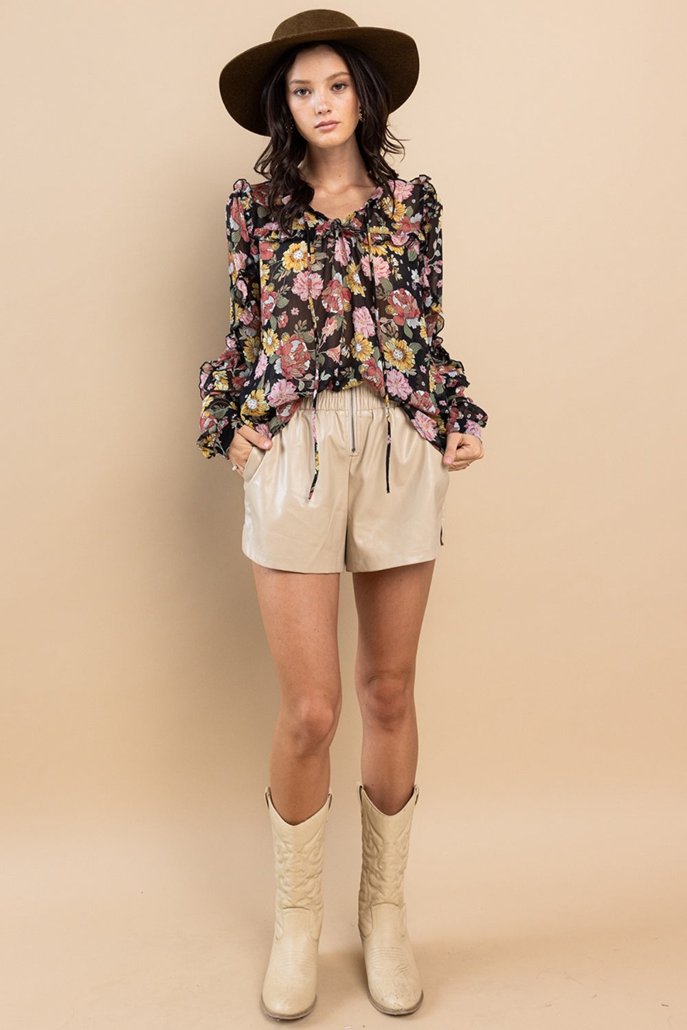 Ces Femme Ruffle Trim Long Sleeve Floral Blouse