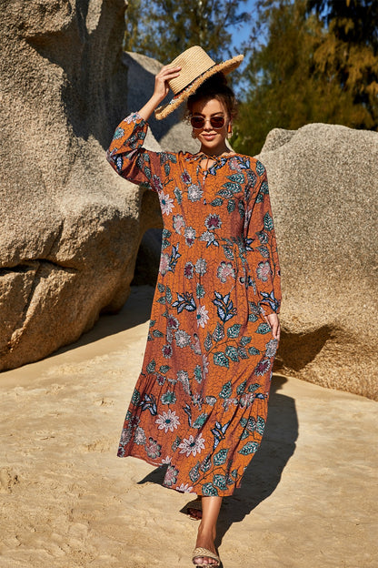 Printed Tie Neck Long Sleeve Dress