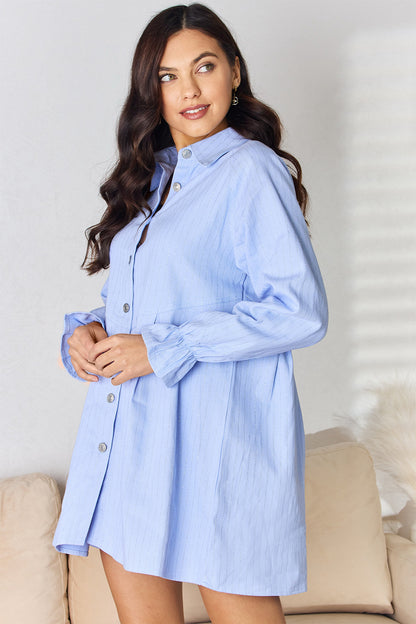 Button Up Collared Neck Flounce Sleeve Denim Dress