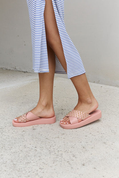 Forever Link Studded Cross Strap Sandals in Blush