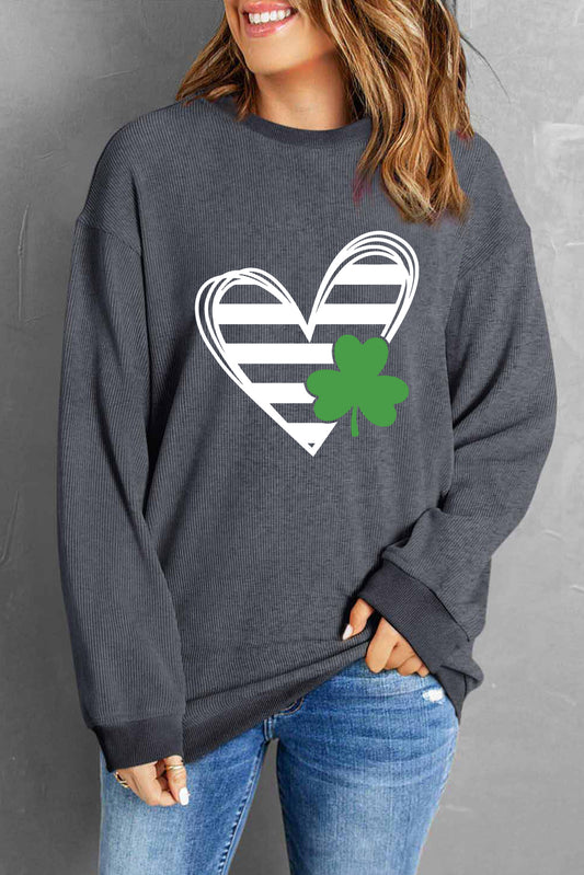 Heart Lucky Clover Round Neck Dropped Shoulder Sweatshirt