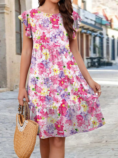 Printed Round Neck Tiered Dress