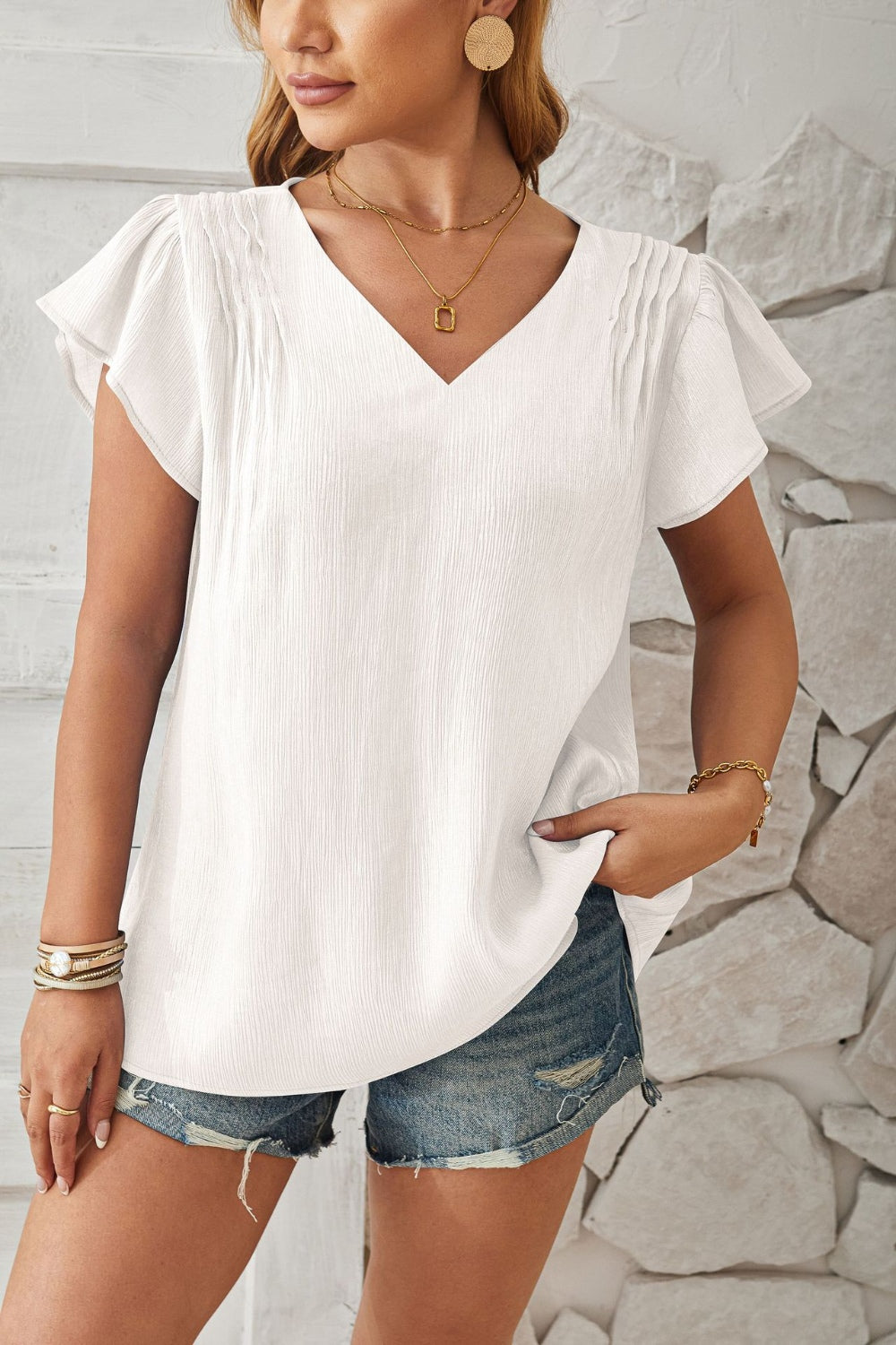 V-Neck Flutter Sleeve T-Shirt