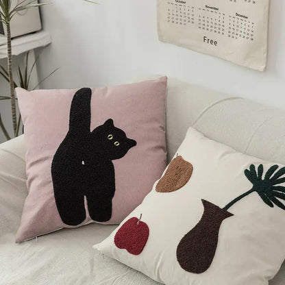 Cheeky Cat & Monstera Leaf Embroidered Cushion Cover