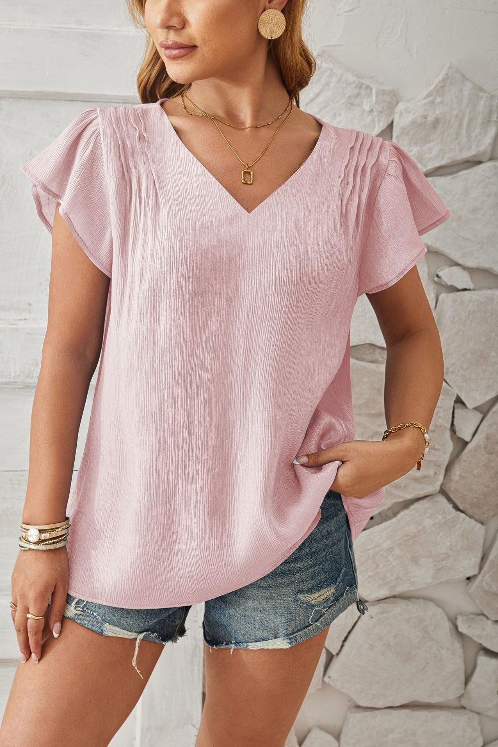 V-Neck Flutter Sleeve T-Shirt