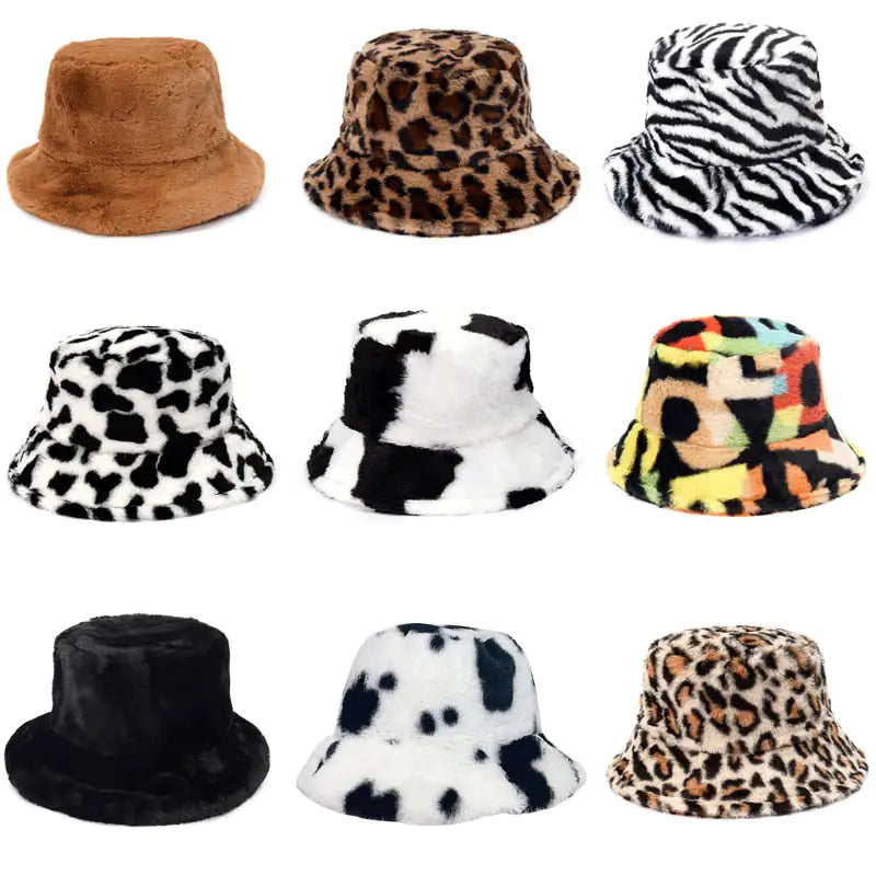 Winter Cow Leopard Faux Fur Fluffy Bucket Hats